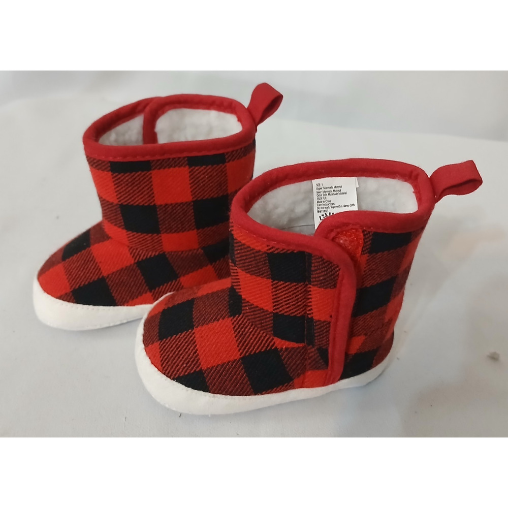 Little Me Soft Sole Infant Red Buffalo Plaid Booties Size 1 Cottagecore Cozy